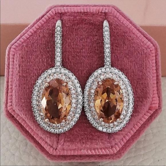 NEW SILVER OVAL DIAMOND MORGANITE HOOP EARRINGS - Picture 5 of 5